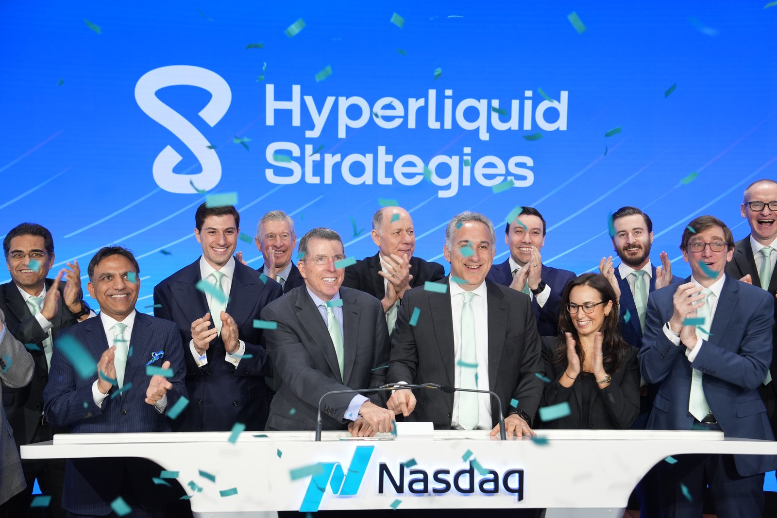 Hyperliquid Strategies leadership ringing the Nasdaq opening bell on listing day